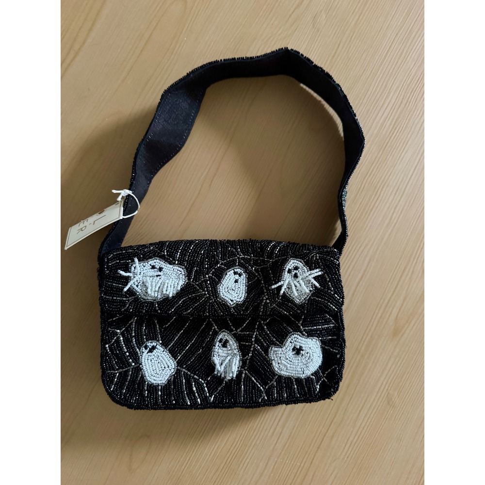 Viral Sol & Mer Beaded Ghost Spiderweb Halloween Shoulder Bag Black White NWT